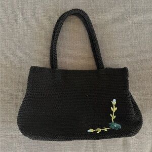 Black Crochet Embroidered Flower Handbag